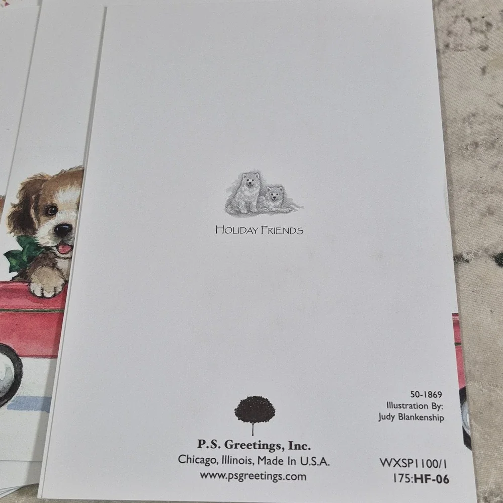 Holiday Friends Christmas Cards Embossed Puppies In A Wagon Lot Of 6
